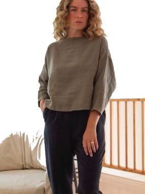 Hackwith Design House Linen Cropped Pullover Boatneck Top 3X/4X